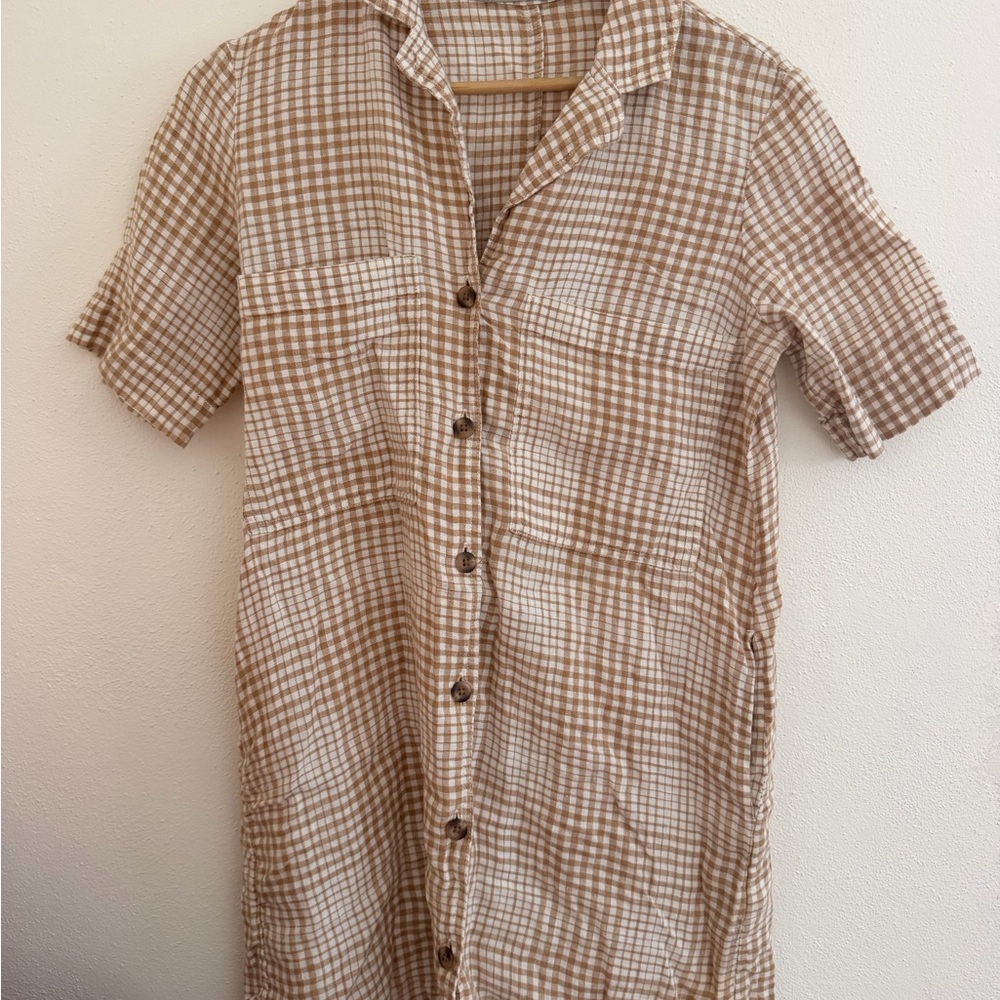 Everlane Beige and White Checked Button-Down Shirt Dress